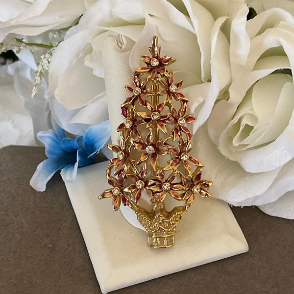 Vintage Gold tone Enamel Poinsettias with Rhinestone Christmas Tree Brooch Pin