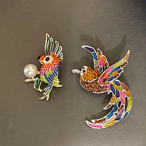 Vintage 2 Bird Brooch Pin Lot~Enamel and Rhinestone