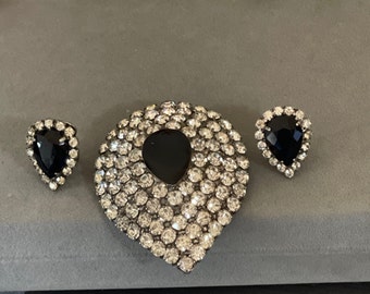 Vintage Rhinestone Brooch and Clip-on Earrings Set, Silver Tone Jewelry