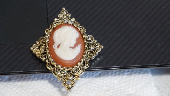 Vintage Gold tone Resin Signed Gerrys Cameo Brooc… - image 1