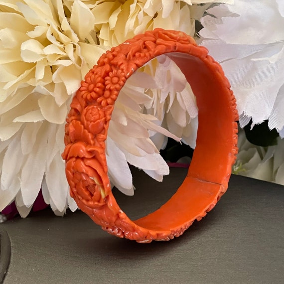 Vintage Floral Carved Salmon Color Celluloid Bang… - image 3