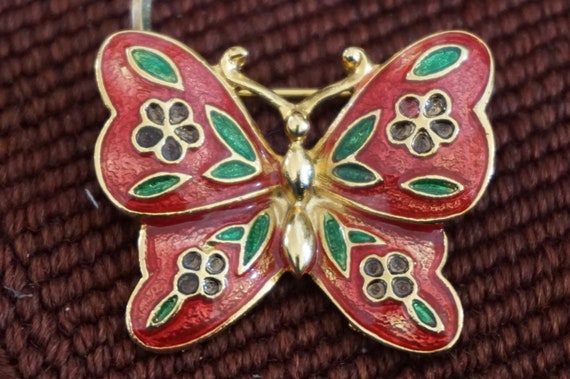 3 Gold Tone Butterfly Brooch Pin- Enamel, Jade,Co… - image 4