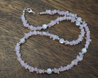 Vintage Style Necklace Rose Quartz Gemstone Chip Faux Moonstone Strand