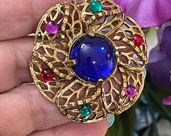Vintage Mid-Century Gold-Tone Filigree Brooch with Multicolor Cabochons