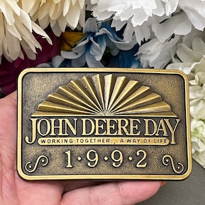 John Deere Day 1992 Brass Belt Buckle Working Together