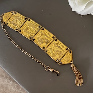 Vintage Articulated Watch Chain Double Sided Egyptian Figures Tassel Watch Fob