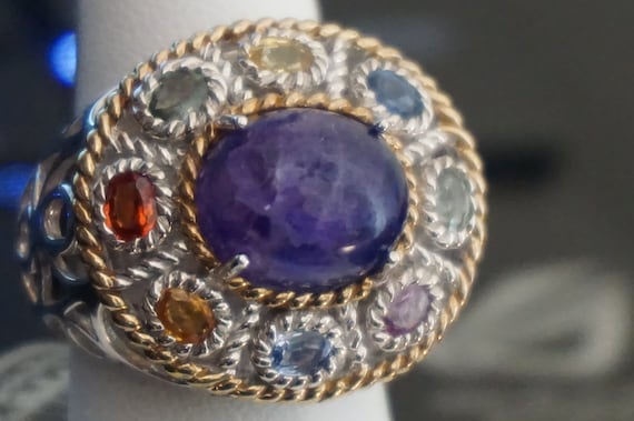 Designer Sima K Sterling Silver Multi gemstones & Amethyst Sterling Ring