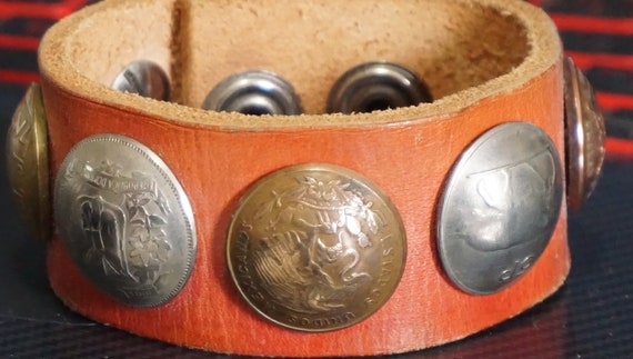 Vintage Real Coin Leather Bracelet Artist Made In… - image 4
