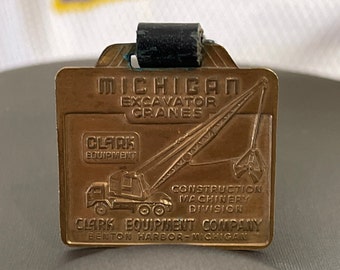 Vintage Michigan Tractor Shovels Brass Watch Fob, Clark Equipment