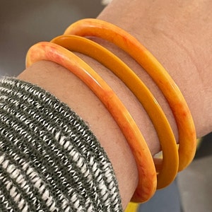 Vintage 3 Thin Bakelite Bracelets ~2 Yellow Marbled and One Solid Yellow Bangles