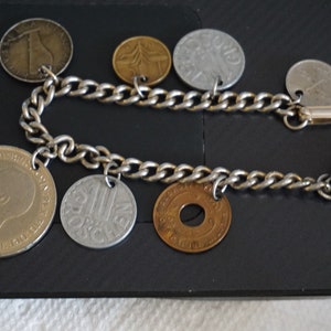 Silver tone Real Vintage Coin Bracelet Coins From Italy Great Britian Africa Austria Mexico Finland