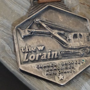 Vintage Silver tone Watch Fob Thew Lorain Machinery Crane With Brown Leather Strap