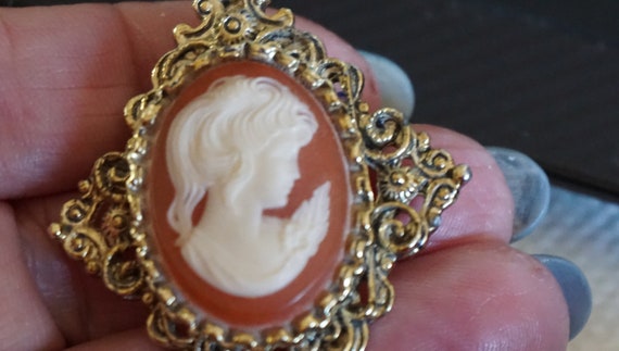 Vintage Gold tone Resin Signed Gerrys Cameo Brooc… - image 8