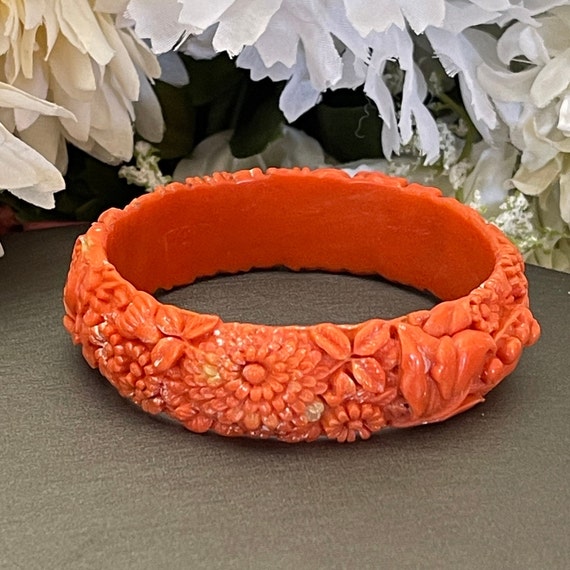 Vintage Floral Carved Salmon Color Celluloid Bang… - image 1