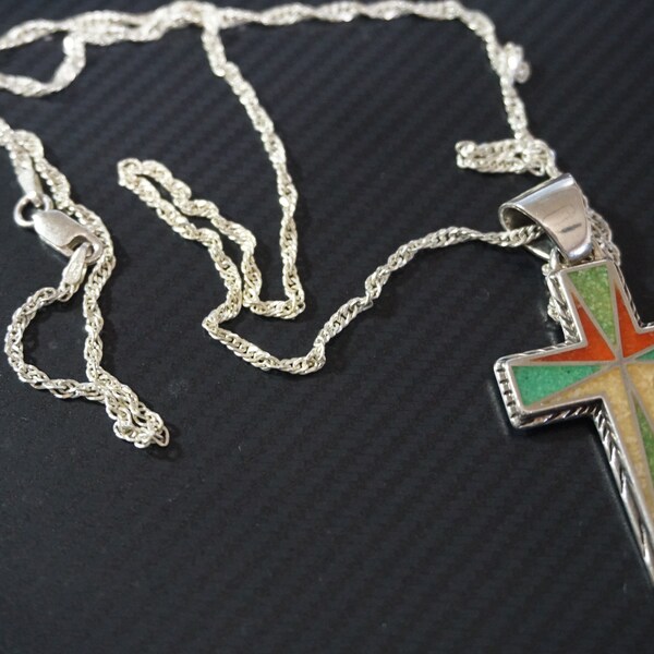 Carolyn Pollack Relios Sterling Silver Turquoise Stone Inlay Cross Pendant 22" Chain Necklace