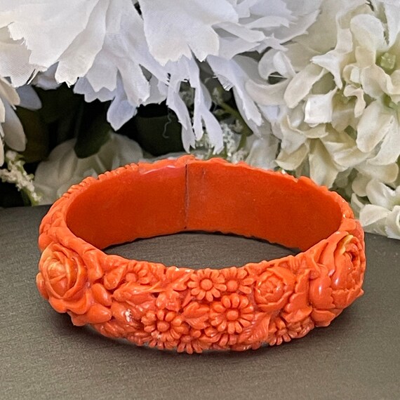 Vintage Floral Carved Salmon Color Celluloid Bang… - image 7