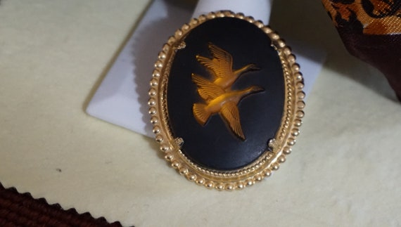 Vintage Gold tone Black Enamel And Glass Cameo of… - image 1