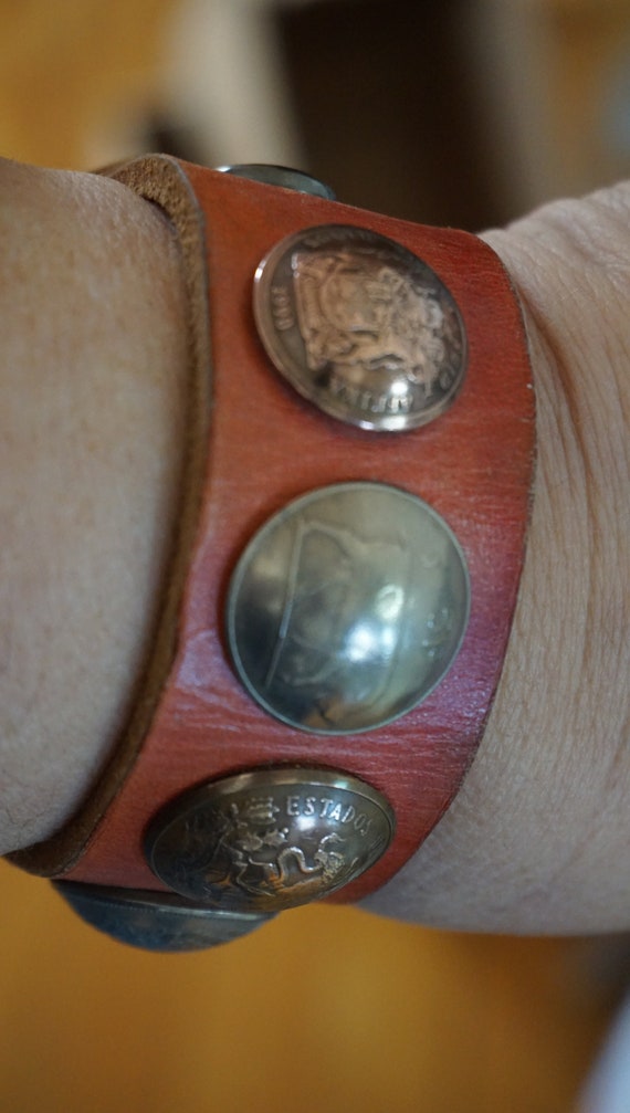 Vintage Real Coin Leather Bracelet Artist Made In… - image 8