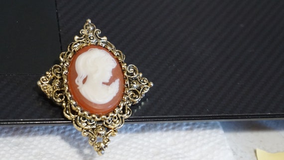 Vintage Gold tone Resin Signed Gerrys Cameo Brooc… - image 10