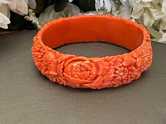 Vintage Floral Carved Salmon Color Celluloid Bang… - image 6