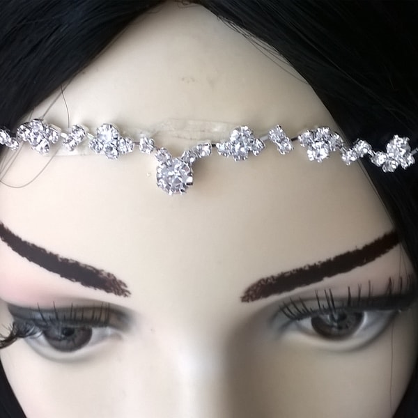 Crystal Headpiece, Silver Hair Chain for Bride, Sparkling Halo, Wedding Bride Boho