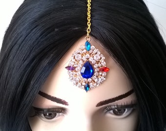 Tikka -  Gold Tone Multi Colored Beaded and Rhinestone Drop Head Hair Chain - Modern Fashion Jewelry