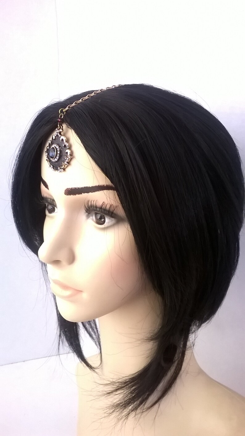 Festival Hair Chain Prom Gothic Tikka Black with Dark Blue Crystal Drop Boho Head Piece Jewelry
