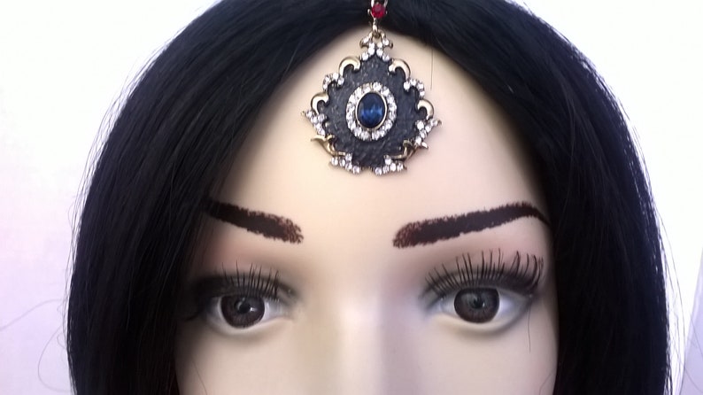 Festival Hair Chain Prom Gothic Tikka Black with Dark Blue Crystal Drop Boho Head Piece Jewelry
