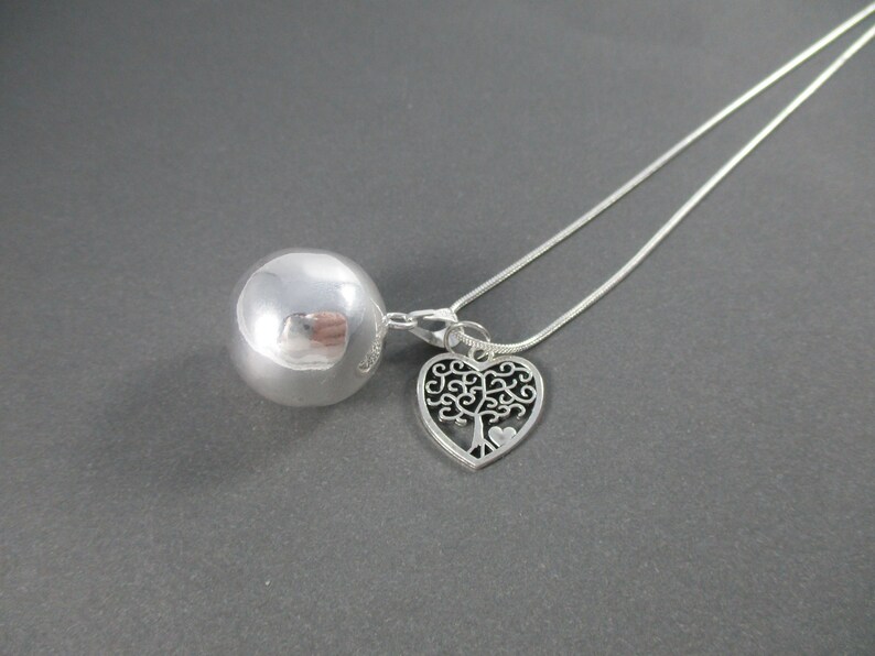 Harmony Ball Pendant Necklace With Peace Tree Love Heart Charm - Long Silver Chain With Ball Pendant Harmony Ball Pendant Necklace With Peace Tree Love Heart Charm - Long Silver Chain With Ball Pendant