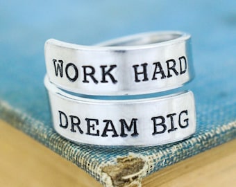 Work Hard Dream Big Wrap Ring: Adjustable Motivation Jewelry