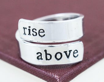 Hand Stamped Aluminum Wrap Ring: Rise Above Affirmation