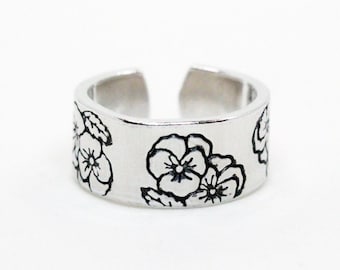 Anello con fiore viola: fiore di nascita di febbraio, fascia in alluminio