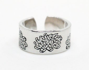 Chrysanthemum Ring: November Birth Flower, Aluminum Band