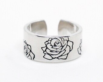 June Birth Flower Ring: Hand Stamped Aluminum Rose Ring