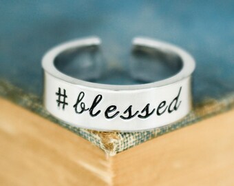 Hashtag Blessed Ring, Adjustable Aluminum Cuff Ring, Silver Ring, Religious Ring, Hand Stamped Ring