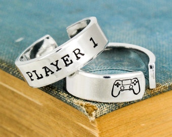 Player 1 Player 2 Aluminum Ring Set: Gamer Couple Rings