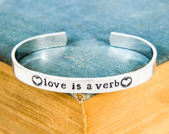 Love is a Verb Bracelet, Good Vibes, Happy Jewelry, Adjustable Aluminum Bracelet