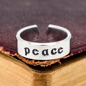 Peace Ring , Adjustable Aluminum Cuff Ring, Silver Ring, Peace and Love Ring, Hand Stamped Ring
