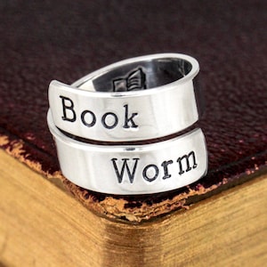 Hand Stamped Book Worm Ring: Aluminum Wrap Ring
