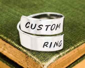 Personalized Wrap Ring, Custom Adjustable Aluminum Ring, Twist Ring