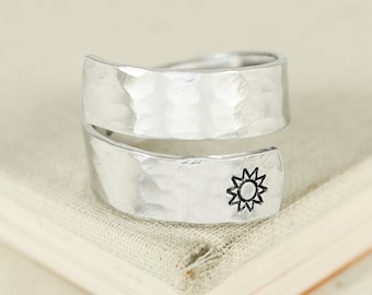 You Are My Sunshine Hidden Text Textured Wrap Ring, Adjustable Aluminum Affirmation Jewelry