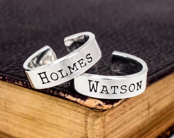 Holmes and Watson Ring Set: Hand Stamped Aluminum Friendship Rings