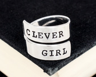 Hand Stamped Aluminum Wrap Ring: Clever Girl Movie Quote