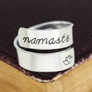 Namaste Ring, Lotus Jewelry, Yoga Ring, Wrap Ring, Affirmation, Adjustable Ring