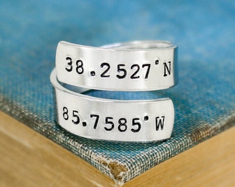 Anillo de coordenadas personalizado, anillo personalizado, anillo de pareja, relación a distancia, regalo de aniversario, anillo de aluminio ajustable