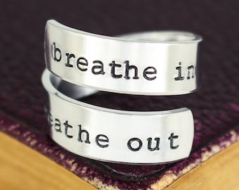 Hand Stamped Aluminum Wrap Ring: Breathe In Breathe Out, Lotus Flower