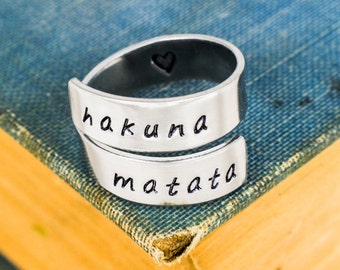 Hakuna Matata Ring: Hand Stamped Aluminum Wrap Ring with Heart