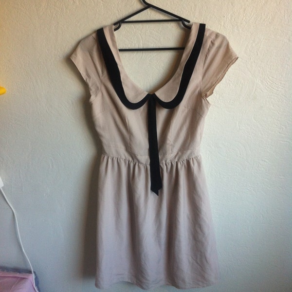 90s Beige Scoop Neck Peter Pan Collar Bow Skater Sailor Dress
