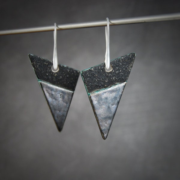 Black triangles geometry- earrings, dangle, rough , ceramic, glazed, graphite, pendant, metal, silver color, nickel free