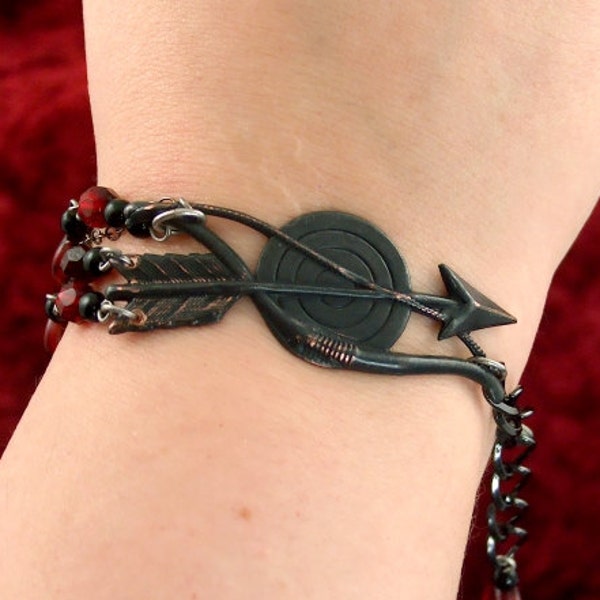Archeress Bracelet - Bow and Arrow, Blackened Brass, Winged Archer, Fire Glass, Red Swarovski, Warrior Bracelet, Brave, Archery Games
